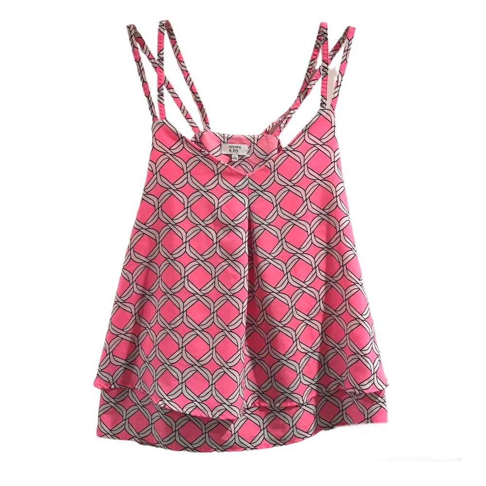 Tiered dual strapped racer back flowy tank sleeveless blouse basket weave print